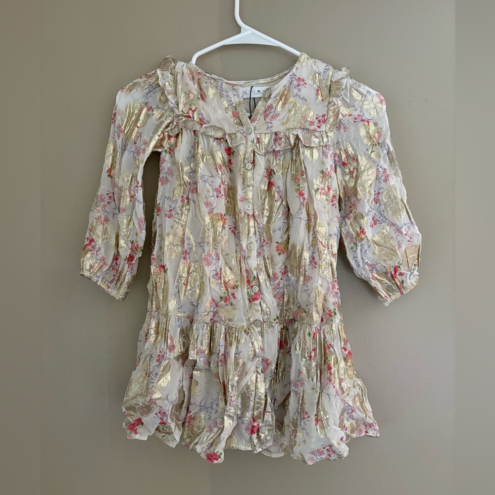 Zara girls shimmery gold floral long sleeve button down dress size 6